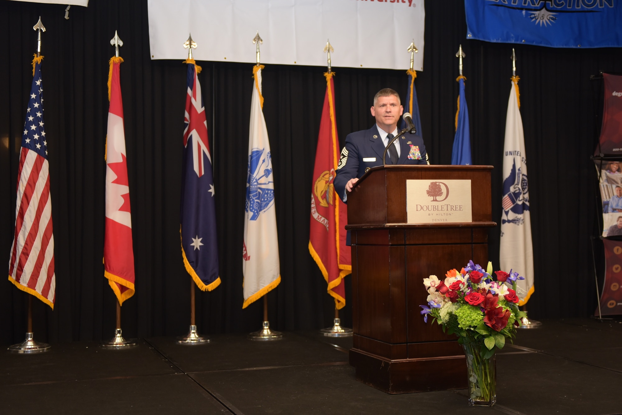 Chief Master Sgt. Patrick McMahon, command chief of U.S. Strategic Command, speaks at the Armed Forces Recognition Luncheon at the Doubletree by Hilton in Denver, Colorado, May 10, 2019.