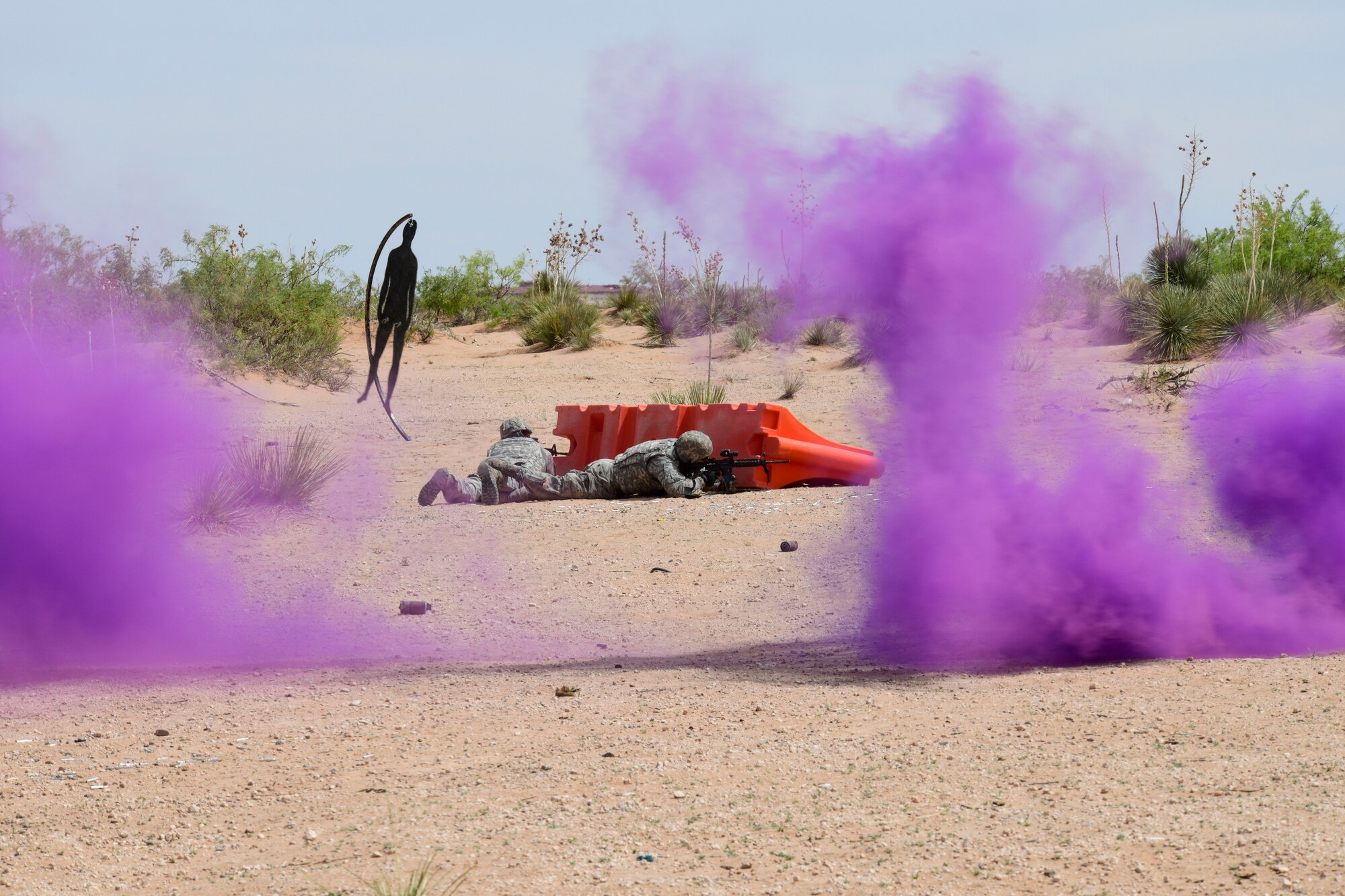 Airmen go through move-shoot-communicate drills during the Combat Support Wing exercise, May 2, 2019, at Fort Bliss, Texas. The CSW provides multifunctional training for Airmen to rapidly deploy in smaller, more efficient and agile teams, effectively creating a smaller footprint in dangerous or non-permissive areas. (U.S. Air Force photo by Senior Airman Kenneth Boyton)