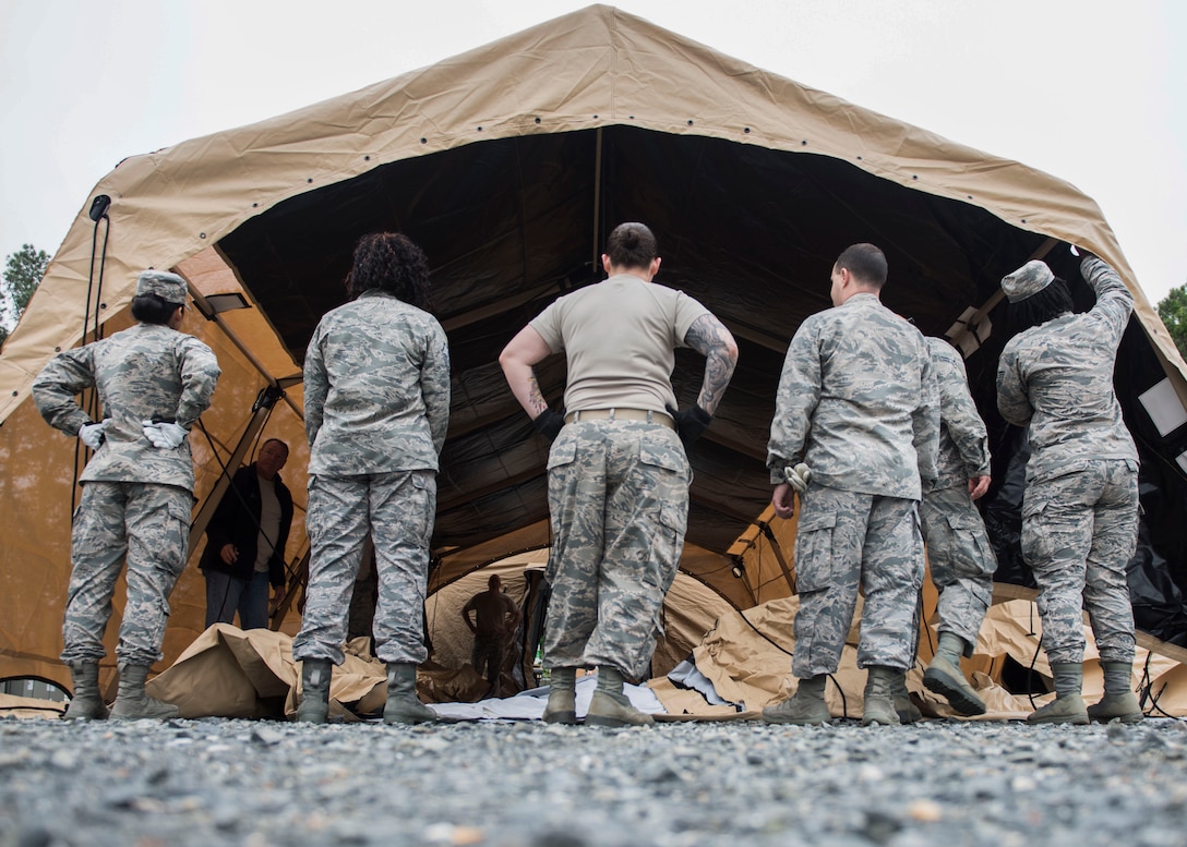 Global Response Force team members assess their tent, May 6, 2019 at Joint Base Langley-Eustis, Virginia.