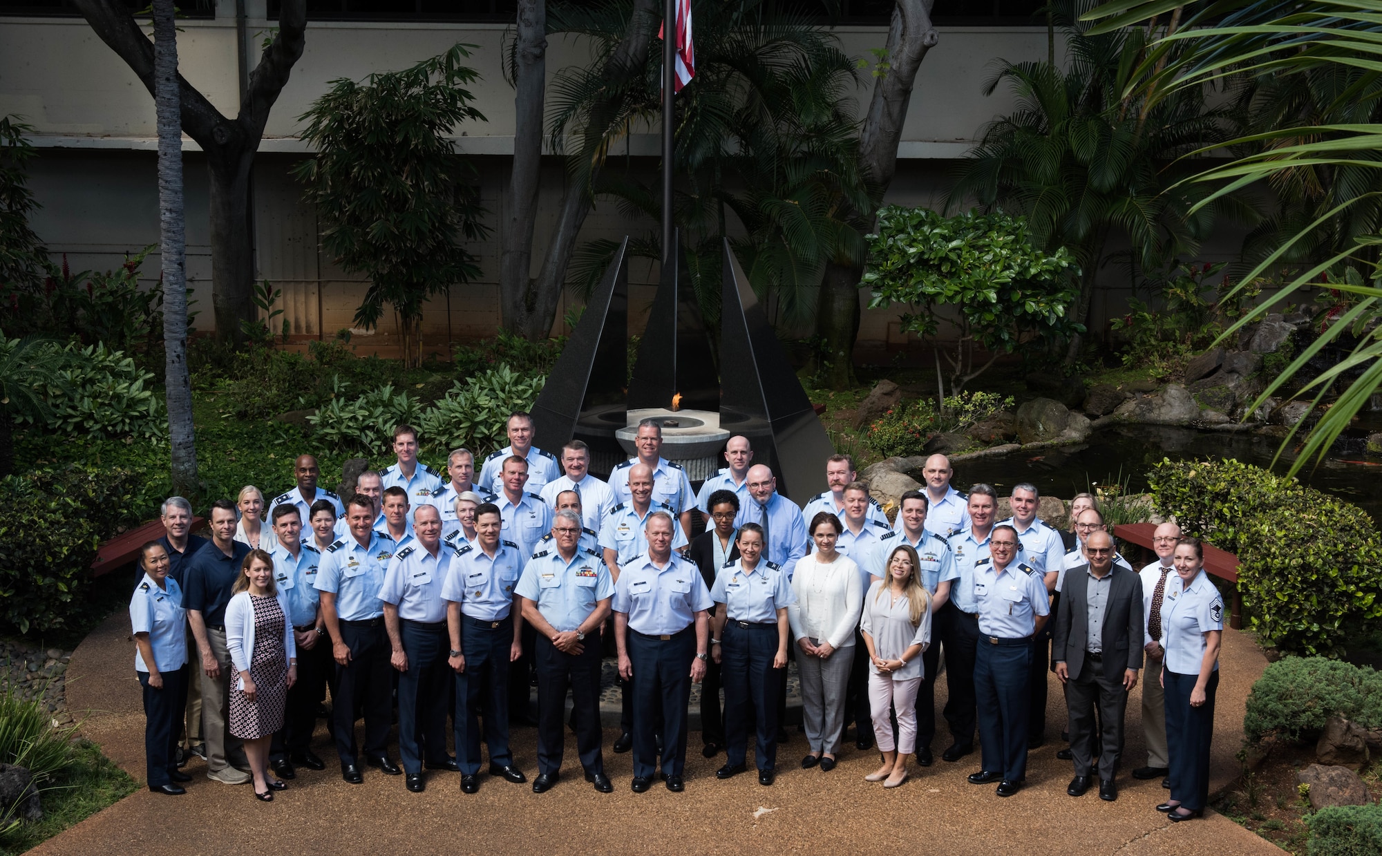 U.S. Air Force Airmen and members from the Royal Australian Air Force take a group photo at the Headquarters Pacific Air Forces building during the Air Senior National Representatives meeting at Joint Base Pearl Harbor-Hickam, Hawaii, May 10, 2019.