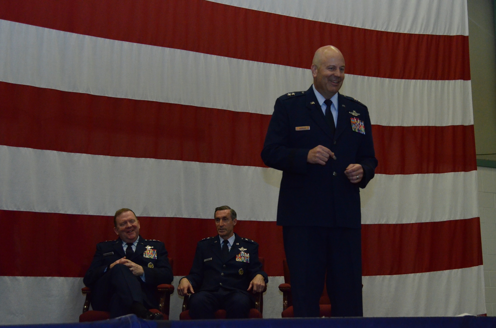 For the first time as Commander, Tenth Air Force, Maj. Gen. Brian Borgen address the men and women of Tenth Air Force during the Change of Command ceremony May 10, at Naval Air Station Fort Worth Joint Reserve Base, Texas.