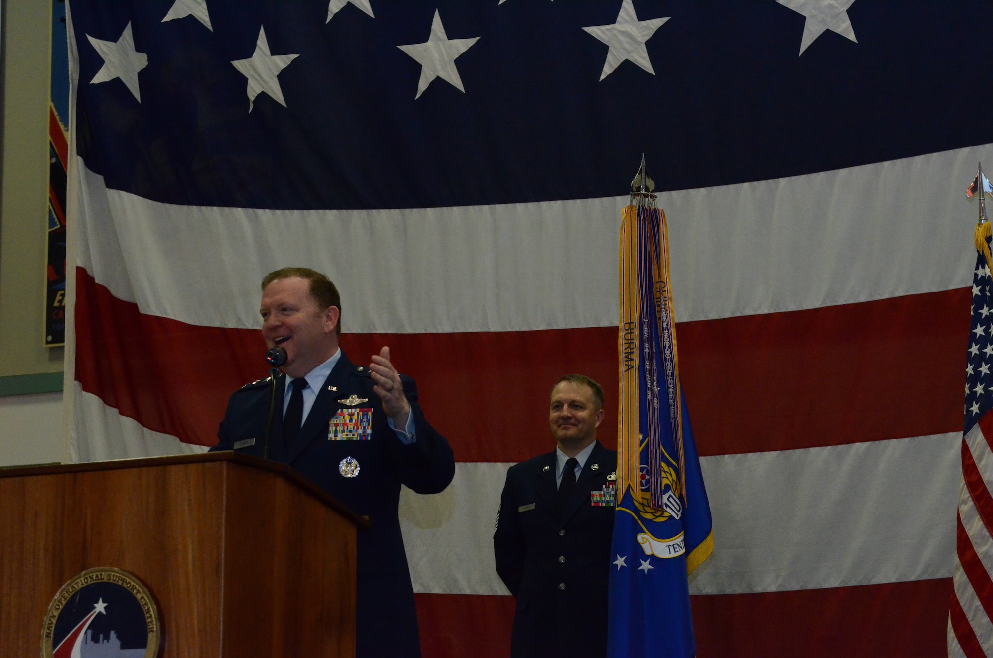 During the Tenth Air Force Change of Command ceremony, Lt. Gen. Richard Scobee addresses the audience, discussing the accolades of Maj. Gen. Miller as the Tenth Air Force Commander, and Maj. Gen. Borgen as he awaits his opportunity to lead Tenth Air Force, May 10 at Naval Air Station Fort Worth Joint Reserve Base, Texas.