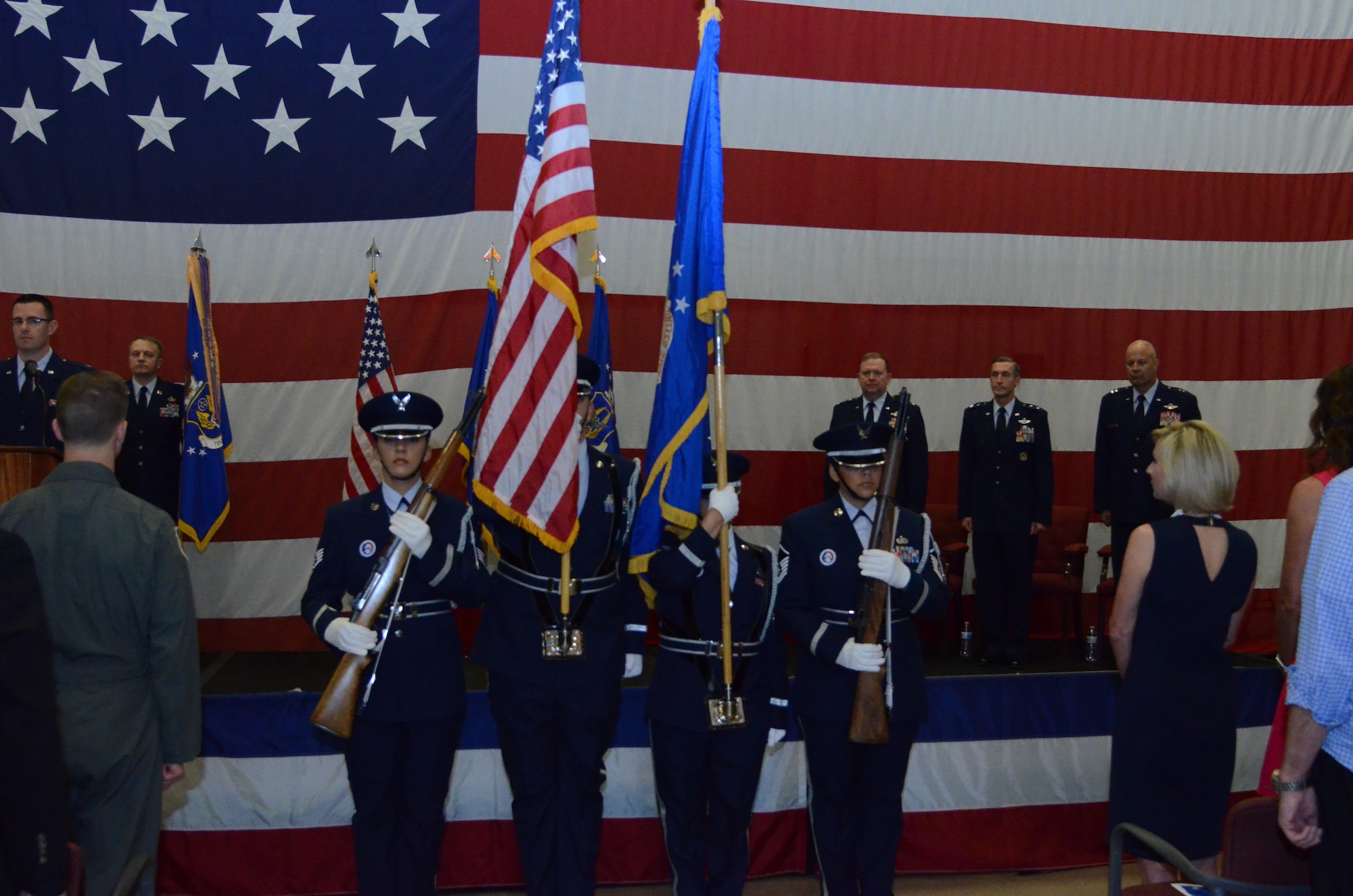 As part of the Tenth Air Force Change of Command ceremony, the 301st Fighter Wing color Guard presents the colors May 10 at Naval Air Station Fort Worth Joint Reserve Base, Texas.