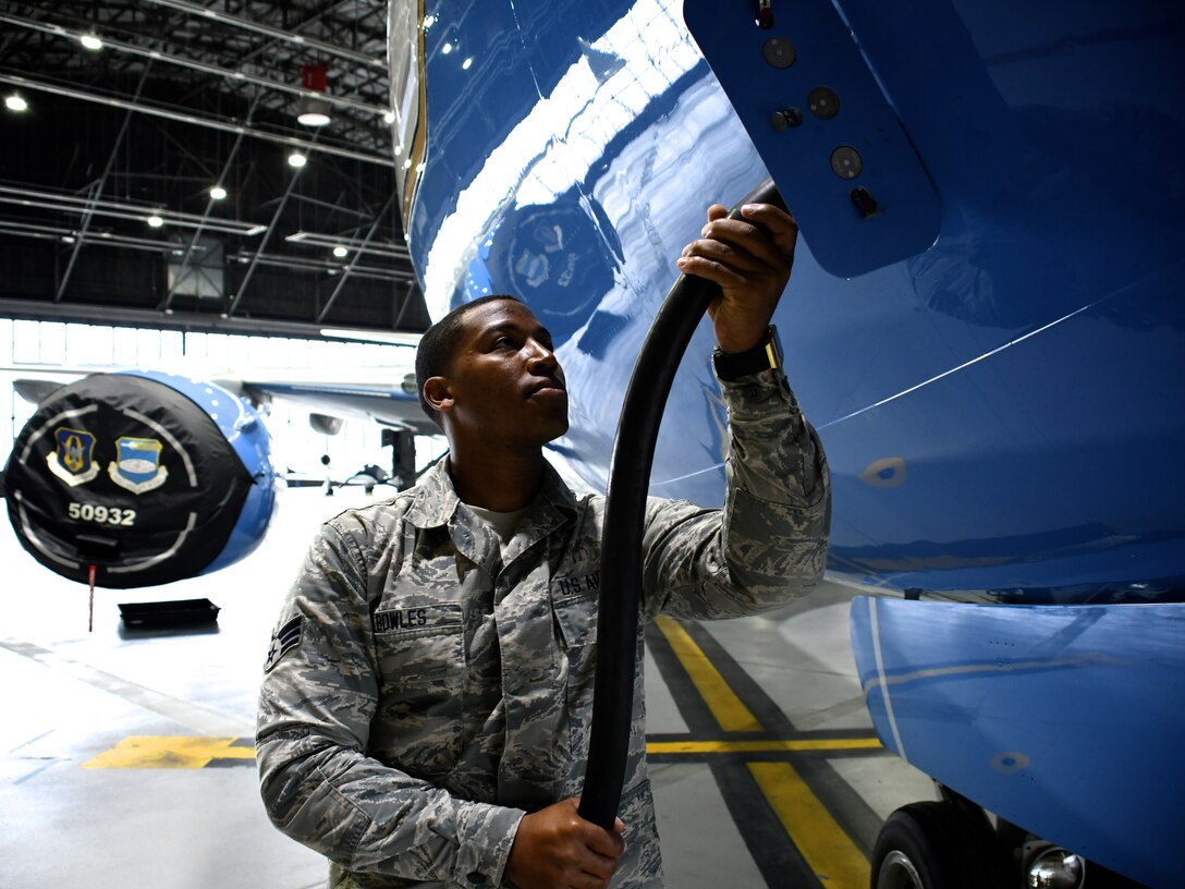 Senior Airman Bowles, 932nd Maintenance Group Fuels Shop, prepares to perform checks on air cabin pressure by first applying power connection to the C-40C aircraft on May 1, 2019, at Scott Air Force Base, Ill.  He and other 932nd Maintenance Group team members worked together to test pressure and get the plane ready for another mission.  The Citizen Airmen of the 932nd AW in Illinois come from more than 30 states to drill on Unit Training Assembly weekends.  (U.S. Air Force photo by Lt. Col. Stan Paregien)