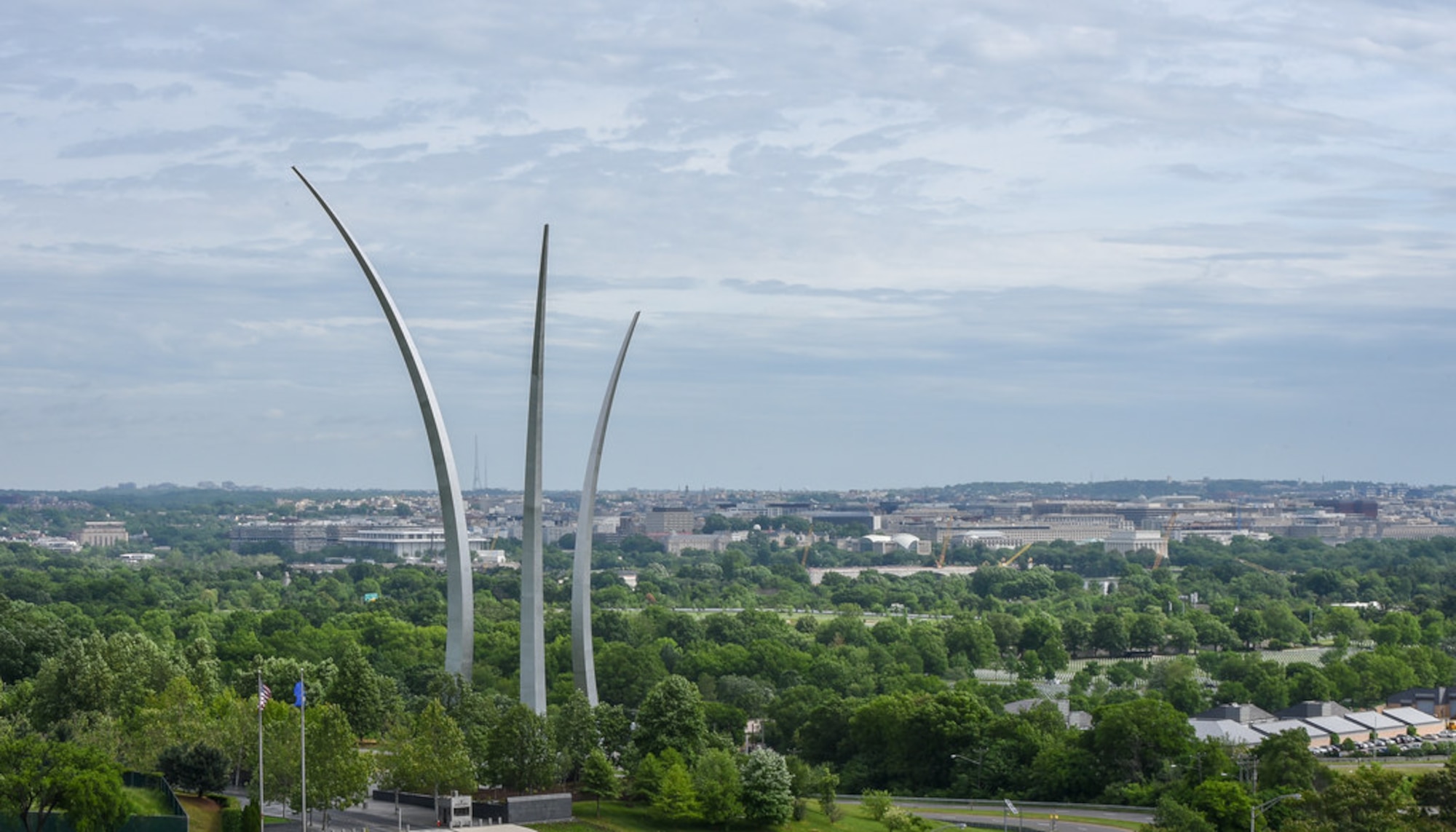 An aerial view of the Air Force Memorial is seen from a UH-1 Huey as members of the 1st Helicopter Squadron fly over Washington D.C. during opening ceremonies of the Joint Base Andrews Air & Space Expo, May 10. (U.S. Air Force photo by 2nd Lt. Jessica Cicchetto)