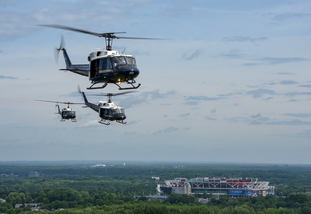 An aerial view of FedEx Field is seen from a UH-1 Huey as members of the 1st Helicopter Squadron fly over Washington D.C. during opening ceremonies of the Joint Base Andrews Air & Space Expo, May 10. (U.S. Air Force photo by 2nd Lt. Jessica Cicchetto)