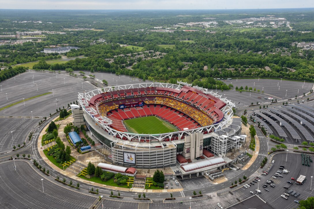 An aerial view of FedEx Field is seen from a UH-1 Huey as members of the 1st Helicopter Squadron fly over Washington D.C. during opening ceremonies of the Joint Base Andrews Air & Space Expo, May 10. (U.S. Air Force photo by 2nd Lt. Jessica Cicchetto)