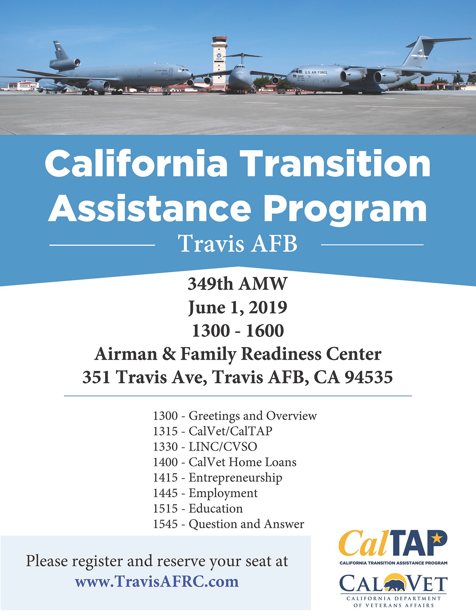 Travis A&FRC is hosting a CalVET/CalTAP Benefits training event on Saturday,  June 1, at the Travis A&FRC, 1-4 p.m. Please reserve your seat at: www.travisAFRC.com