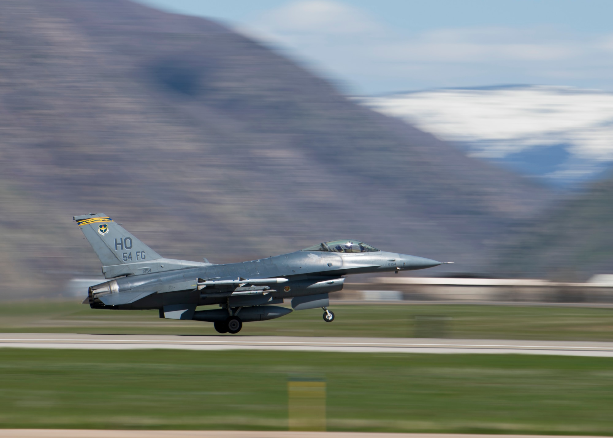 A 311th Fighter Squadron F-16 Viper takes off from Hill Air Force Base, Utah, April 24, 2019. Between April 22 and May 3, the 311th FS conducted 174 sorties in support of student pilot training and dissimilar air combat training with the F-35 Lightning II. (U.S. Air Force photo by Staff Sgt. BreeAnn Sachs)