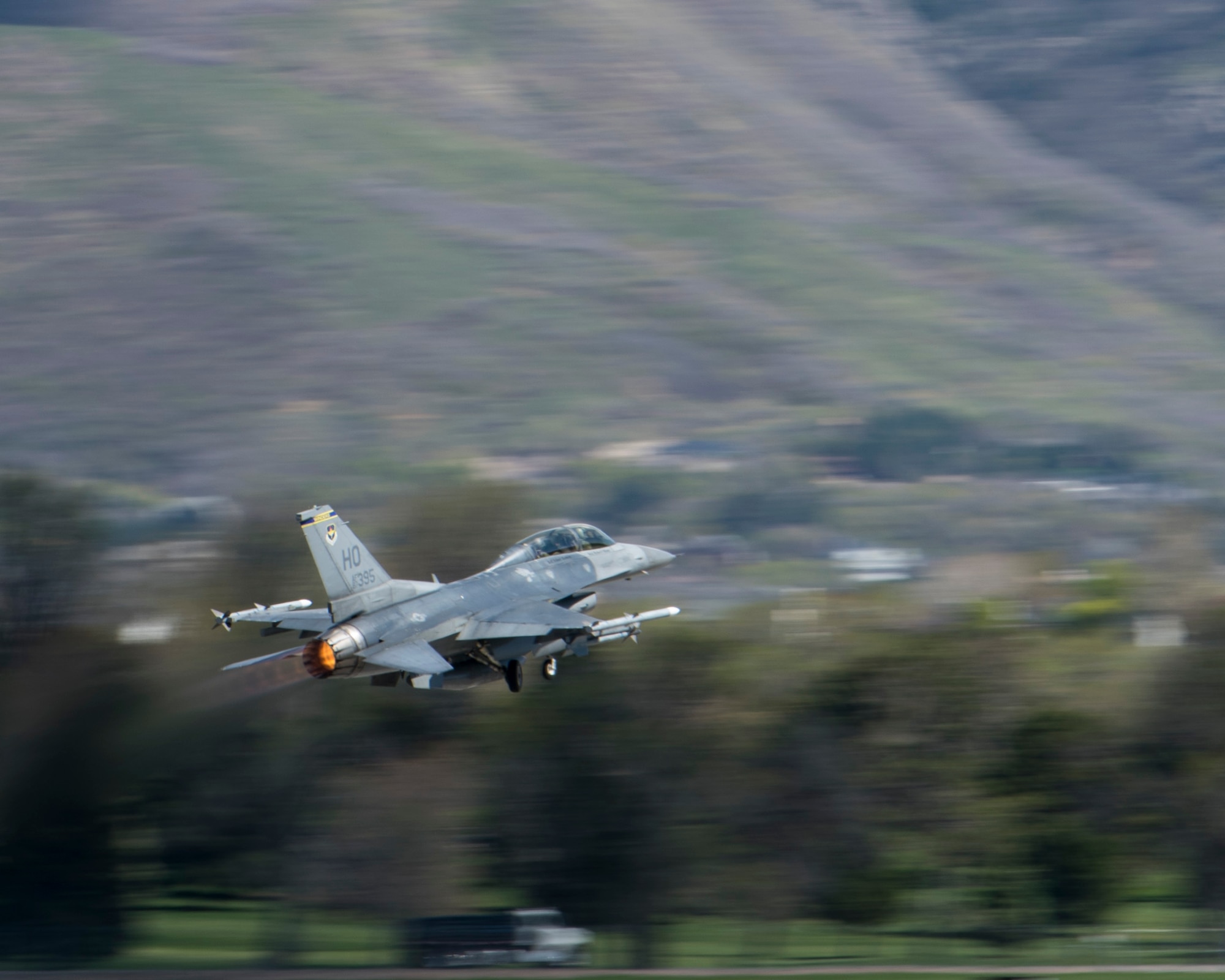 A 311th Fighter Squadron F-16 Viper takes off from Hill Air Force Base, Utah, April 24, 2019. Between April 22 and May 3, the 311th FS conducted 174 sorties in support of student pilot training and dissimilar air combat training with the F-35 Lightning II. (U.S. Air Force photo by Staff Sgt. BreeAnn Sachs)