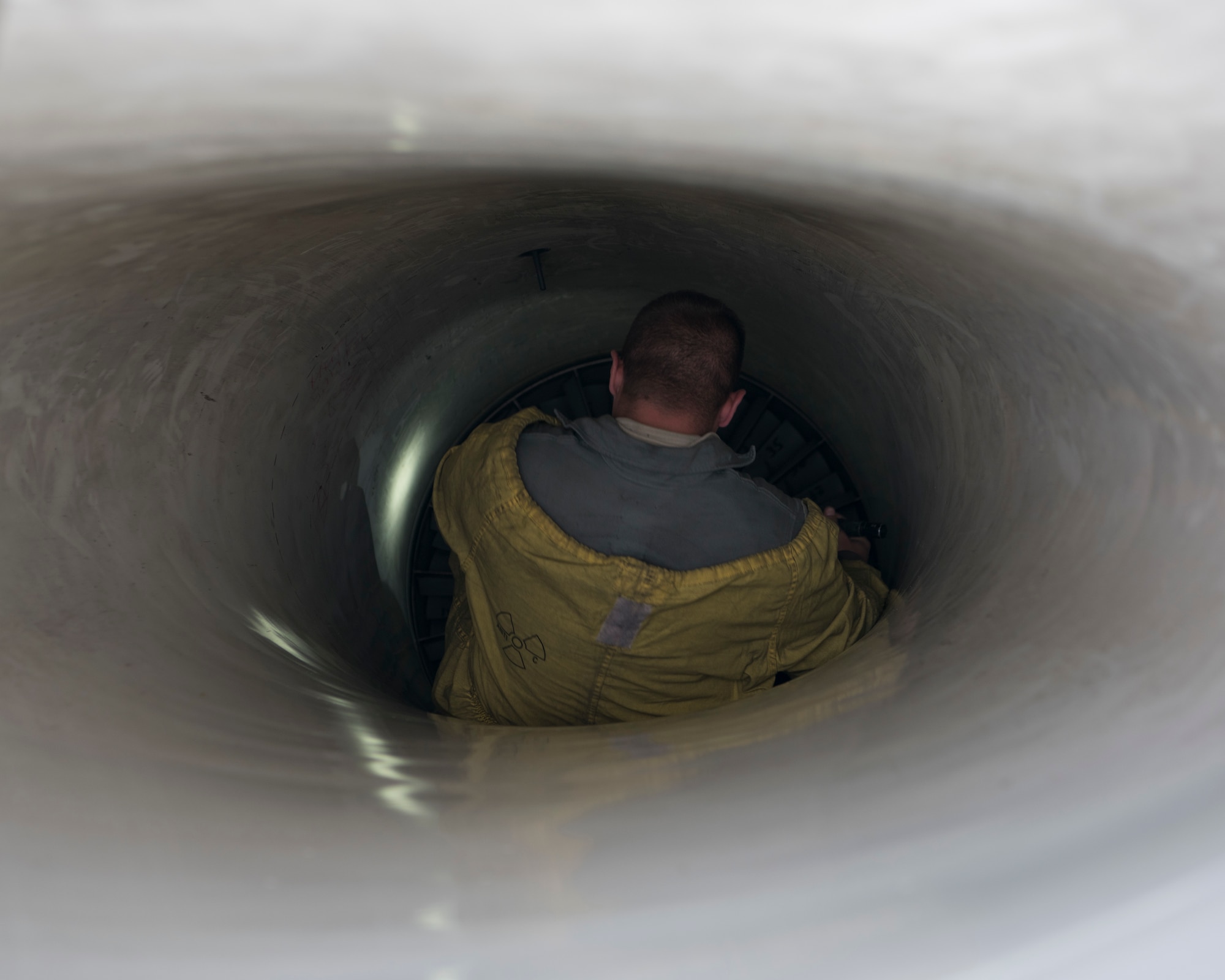 Fighter Squadron F-16 Viper, April 30, 2019, on Hill Air Force Base, Utah. The intake is inspected after each flight to ensure there was no damage to the engine and flight instruments during flight. (U.S. Air Force photo by Staff Sgt. BreeAnn Sachs)