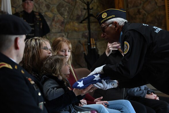 Former Pfc. Carroll E. Lonas, was laid to rest at the Black Hills National Cemetery in Sturgis, S.D., May 9, 2019.  Lonas, 94, had served as a rifleman with the U.S. Army National Guard’s 45th Infantry Division during World War II. Lonas was captured by the Germans and detained for fourteen months, where, at one point, he was put in front of a firing line to be executed. He was spared when an allied forces firing plane flew by. Ultimately, he escaped to friendly territory after hiking approximately 1,100 miles. (U.S. Air Force photo by Airman 1st Class Christina Bennett)