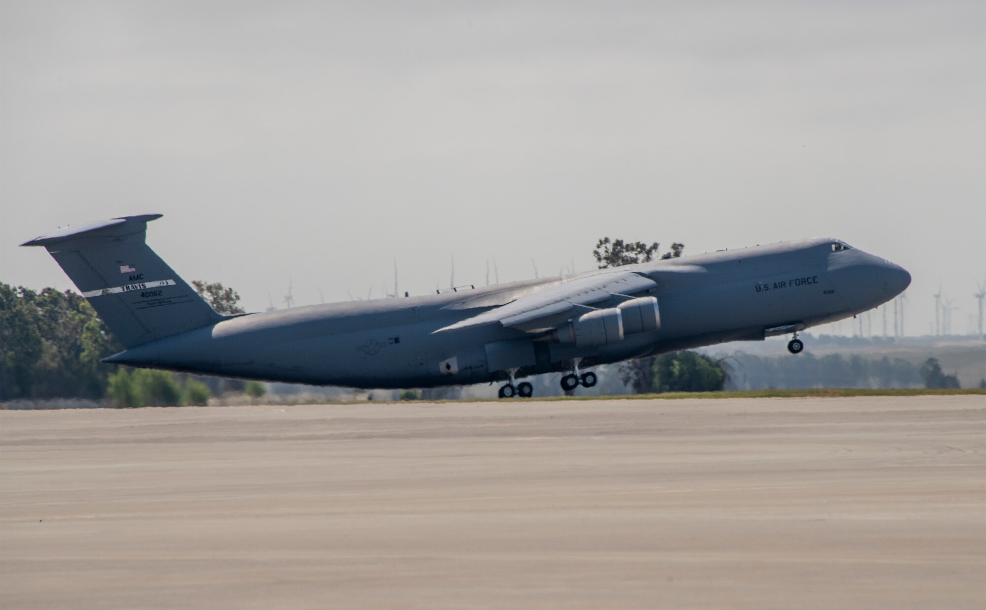 A U.S. Air Force C-5M Super Galaxy takes off during a readiness exercise at Travis Air Force Base, California, May 9, 2019. The base conducted a week-long exercise that evaluated Travis’ readiness and ability to execute and sustain rapid global mobility around the world. (U.S. Air Force photo by Heide Couch)