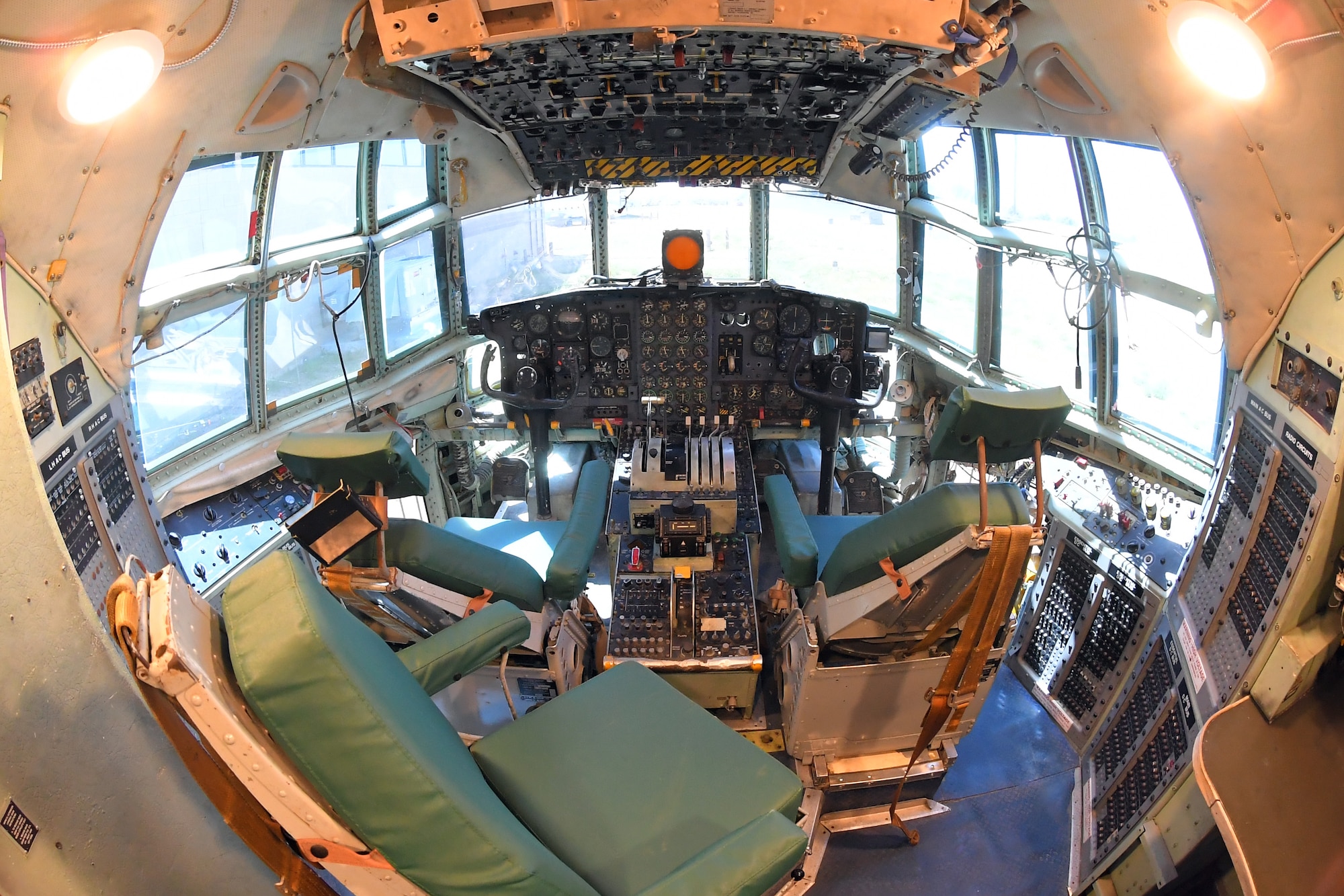 The cockpit of “The C-130 Experience” located inside the Hill Aerospace Museum May 14, 2019, at Hill Air Force Base Utah. The museum worked with base and community partners for several years to convert the C-130 aircraft fuselage into an interactive classroom. Visitors can now sit in the pilot’s seat, push buttons, flip switches and turn the dials. The complete experience will include all of the sights, sounds and smells of a real C-130 mission. (U.S. Air Force photo by Todd Cromar)