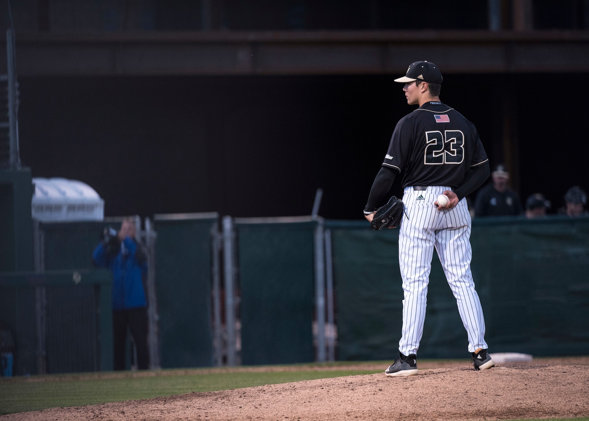 Bryan Woo, a California Polytechnic State University baseball player, stands on the pitching mound May 7, 2019, at the Alex G. Spanos Stadium at in San Luis Obispo, Calif. This particular game “Hero’s Night” was dedicated to honor all military, law enforcement and fire personnel. (U.S. Air Force photo by Airman 1st Class Aubree Milks)