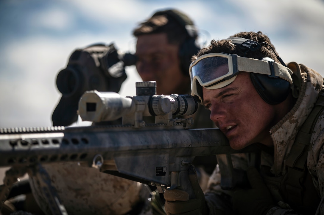 Scout snipers with 3rd Battalion, 3rd Marine Regiment, Marine Air-Ground Task Force-6, provide long-distance fire support while conducting the Air Assault Course during Integrated Training Exercise 2-19 aboard Marine Corps Air-Ground Combat Center Twentynine Palms, California, February 9, 2019 (U.S. Marine Corps/Victor A. Mancilla)