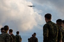 U.S. Marine Corps parachute riggers conduct air delivery operations using a KC-130 Hercules April 29, 2019 at Ie Shima, Okinawa, Japan. 3rd Air Delivery Platoon, Landing Support Company, Combat Logistics Regiment 3, 3rd Marine Logistics Group, conduct regular training to certify their Marines in various airborne resupply missions. (U.S. Marine Corps photo by Lance Cpl. Isaiah Campbell)
