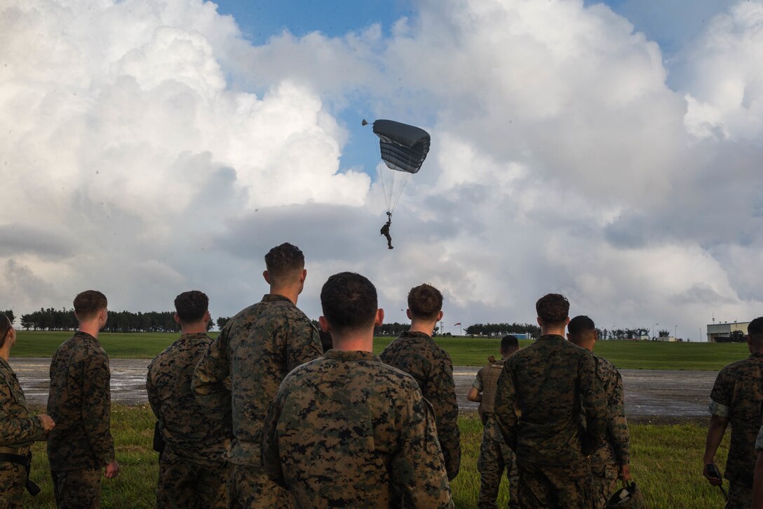 U.S. Marine Corps parachute riggers conduct air delivery operations April 29, 2019 at Ie Shima, Okinawa, Japan. 3rd Air Delivery Platoon, Landing Support Company, Combat Logistics Regiment 3, 3rd Marine Logistics Group, conduct regular training to certify their Marines in various airborne resupply missions. (U.S. Marine Corps photo by Lance Cpl. Isaiah Campbell)