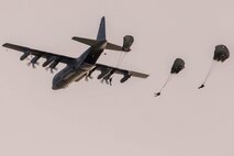 U.S. Marine Corps parachute riggers conduct air delivery operations using a KC-130 Hercules April 29, 2019 at Ie Shima, Okinawa, Japan. 3rd Air Delivery Platoon, Landing Support Company, Combat Logistics Regiment 3, 3rd Marine Logistics Group, conduct regular training to certify their Marines in various airborne resupply missions. (U.S. Marine Corps photo by Lance Cpl. Isaiah Campbell)