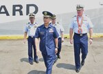Philippine Coast Guard Capt. Armando Balilo, foreground, and two other Philippine Coast Guard officers accompany Capt. John J. Driscoll, commanding officer of U.S. Coast Guard Cutter Bertholf (WMSL-750), right, immediately following the ship’s arrival in Manila May 15, 2019. Bertholf is in the midst of a Western Pacific patrol under the tactical control of the U.S. Navy’s 7th Fleet, and is the first U.S. Coast Guard vessel to visit Manila since 2012.