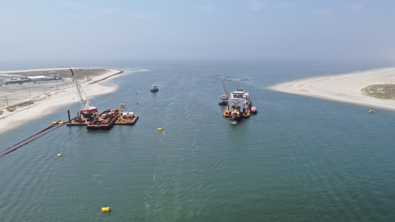 Sky shot of C.R. McCaskill Dredge conducting dredge operations inside East Rockaway Inlet.