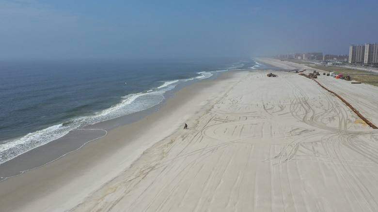 Sky shot of close to finished East Rockaway Inlet Dredging and Beach Restoration Project.