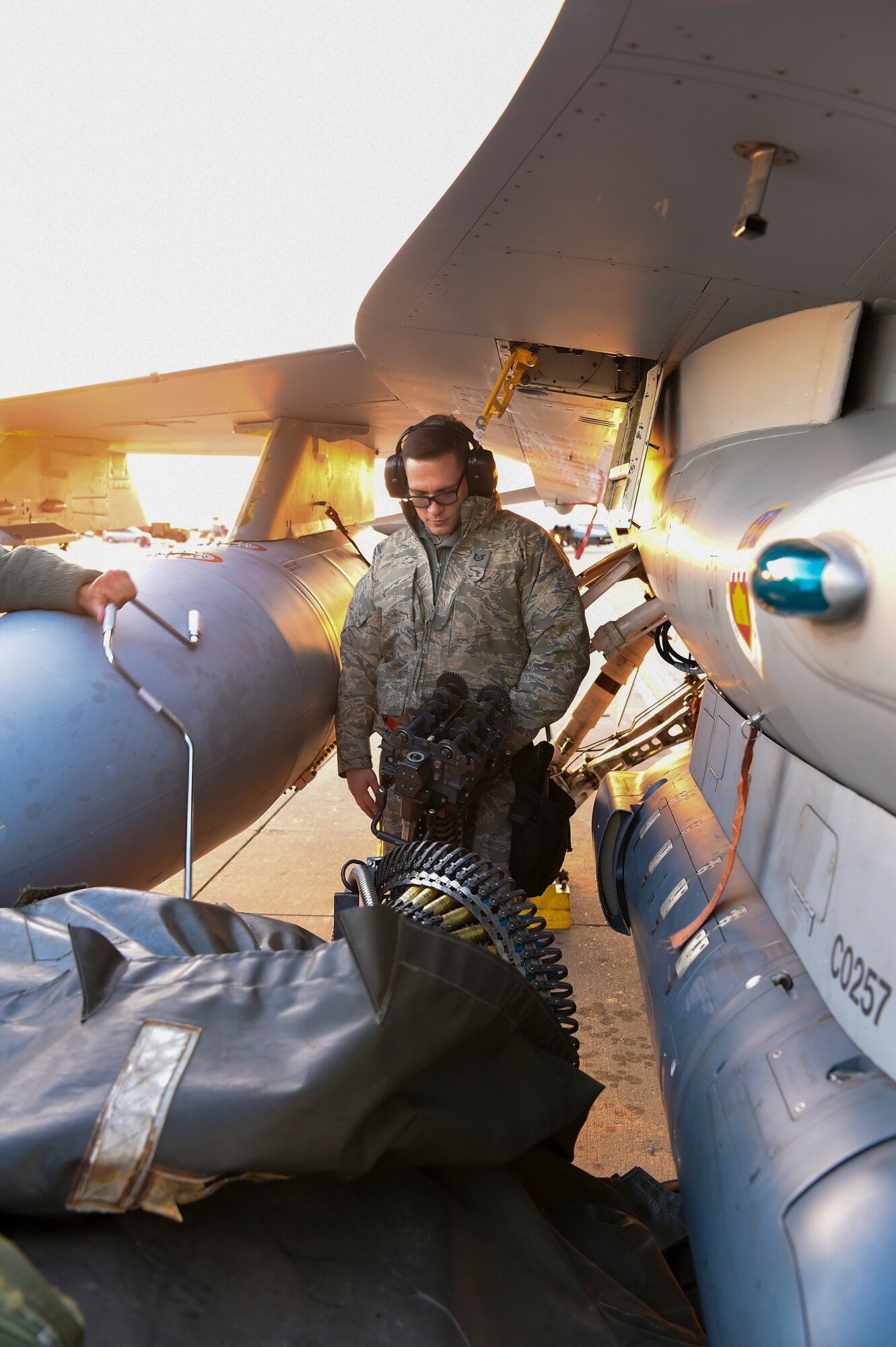 Tech. Sgt. Johnathon Upchurch, a crew chief assigned to the 149th Aircraft Maintenance Squadron, prepares an ammunition load during Coronet Bronco May 2 at Mountain Home Air Force Base, Idaho. The annual training event deploys members of the Air National Guard’s 149th Fighter Wing, headquartered at Joint Base San Antonio-Lackland, to another environment in order to familiarize them with accomplishing mission objectives in an unfamiliar location.