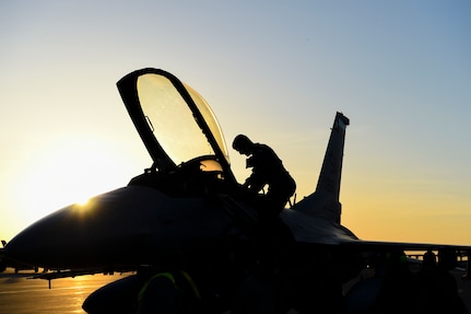 Capt. Kyle “Browser” Casci, a student pilot assigned to the 149th Fighter Wing, exits an F-16 Fighting Falcon during Coronet Bronco May 2 at Mountain Home Air Force Base, Idaho. The annual training event deploys members of the Air National Guard’s 149th FW, headquartered at Joint Base San Antonio-Lackland, to another environment in order to familiarize them with accomplishing mission objectives in an unfamiliar location.