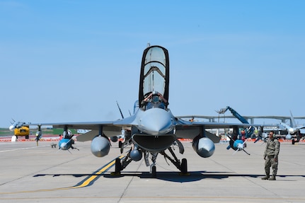 An F-16 Fighting Falcon assigned to the Air National Guard’s 149th Fighter Wing prepares for take-off during Coronet Bronco May 2 at Mountain Home Air Force Base, Idaho. The annual training event deploys members of the 149th FW, headquartered at Joint Base San Antonio-Lackland, to another environment in order to familiarize them with accomplishing mission objectives in an unfamiliar location.