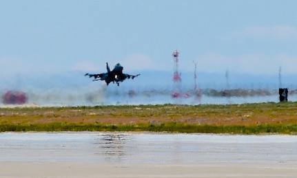 An F-16 Fighting Falcon assigned to the 149th Fighter Wing, takes off during Coronet Bronco May 2 at Mountain Home Air Force Base, Idaho. The annual training event deploys members of the Air National Guard’s 149th FW, headquartered at Joint Base San Antonio-Lackland, to another environment in order to familiarize them with accomplishing mission objectives in an unfamiliar location.