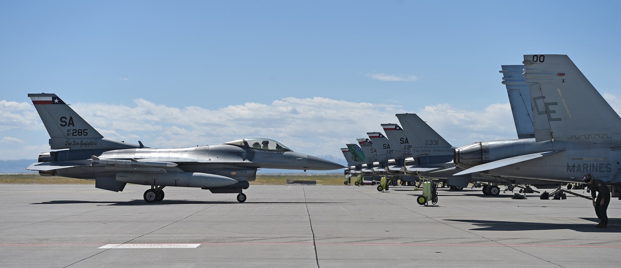 An F-16 Fighting Falcon, assigned to the Air National Guard’s 149th Fighter Wing, headquartered at Joint Base San Antonio-Lackland, returns from a training mission April 29 during Coronet Bronco at Mountain Home Air Force Base, Idaho. The exercise is a capstone event for the student fighter pilots and evaluates their knowledge and skills before they graduate and proceed to the next phase of their training. The exercise also incorporates many of the home unit’s support personnel, which includes members from maintenance, weapons, logistics, communication, finance and other various other shops.