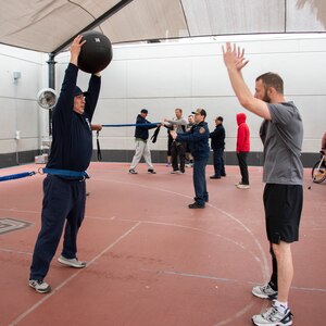 Joint Base San Antonio firefighters spent the morning with wounded service members at the Center for the Intrepid at Joint Base San Antonio-Fort Sam Houston participating in physical fitness and sports activities May 10. This is the ninth year the firefighters have organized the annual event to show their appreciation for the service and sacrifices the military members have made to our nation. After the sporting events, the firefighters prepared a barbecue lunch for the warriors and CFI
staff.