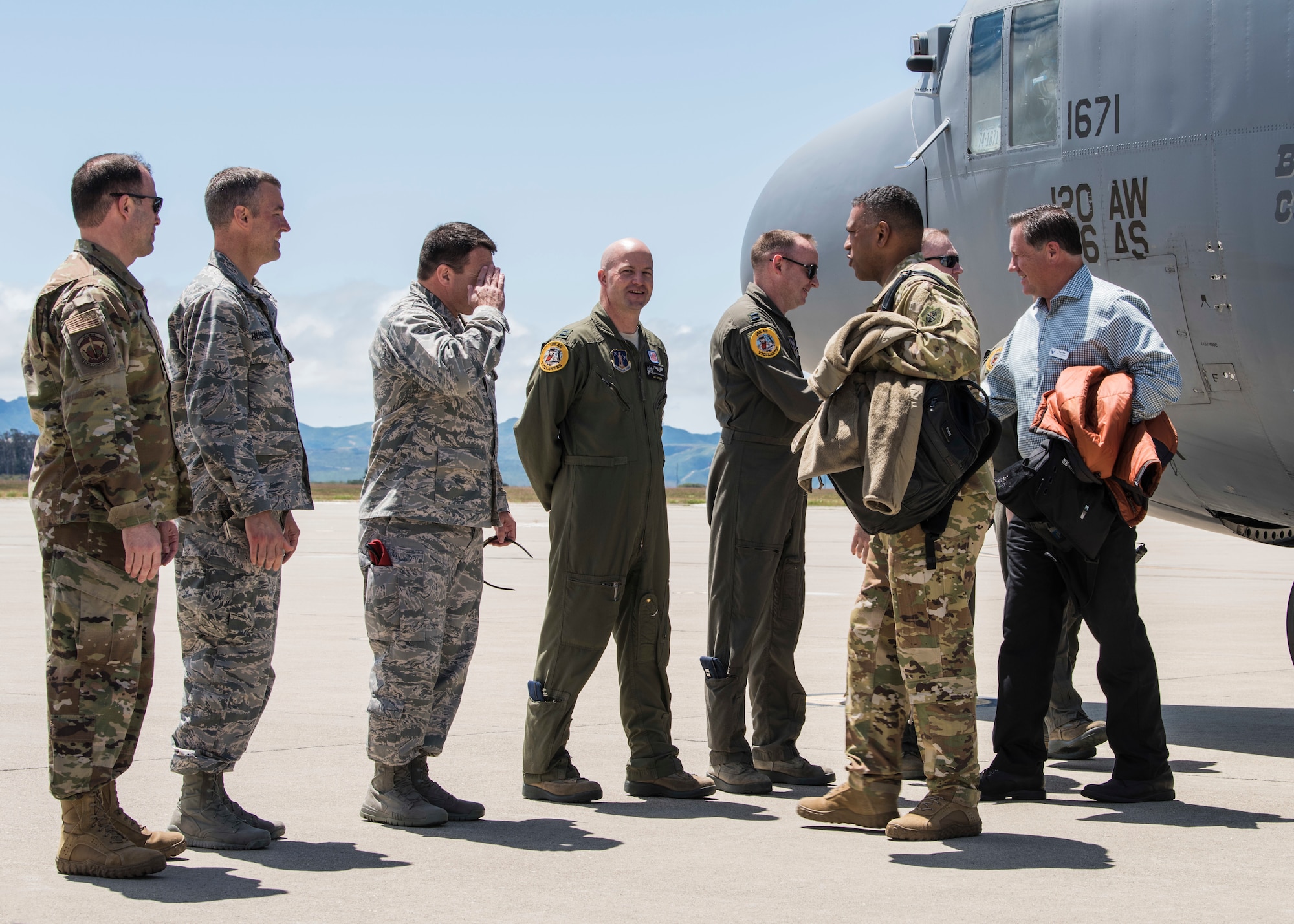 Brig. Gen. Wolfe Davidson, 14th Air Force vice commander, greets Chief of Staff of the Air Force civic leaders upon their arrival May 7, 2019 at Vandenberg Air Force Base, Calif. The CSAF civic Leaders visited Vandenberg AFB as part of a four day tour to learn about Air Force’s space launch and Intercontinental Ballistic Missile missions. (U.S. Air Force photo by Airman 1st Class Aubree Milks)