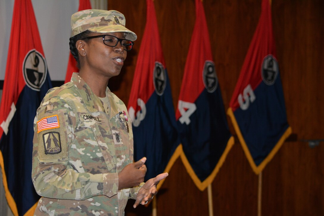 Command Sgt. Maj. Sharon Campbell, outgoing 94th Training Division-Force Sustainment outgoing command sergeant major, gives remarks after relinquishing responsibility of the 94th TD-FS during the unit’s change of responsibility ceremony at Fort Lee’s Army Logistics University Bunker Hall. The ceremony bid farewell to Campbell on Mar. 10, 2019 after her tenure as at the 94th TD-FS command sergeant major and retirement from the Army after 38-years of service to her country, welcoming Command Sgt. Maj. Anthony Simpson as the new unit command sergeant major. (Photo by Maj. Ebony Gay, 94th TD-FS Public Affairs Office)