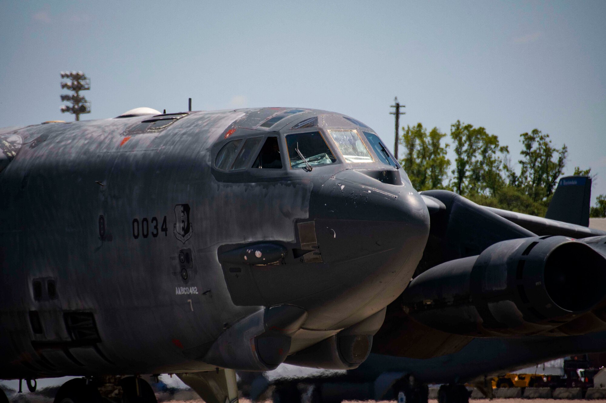 A B-52 Stratofortress, nicknamed "Wise Guy," taxis into Barksdale Air Force Base, Louisiana, May 14, 2019.  The jet had been sitting at the 309th Aerospace Maintenance and Regeneration Group at Davis-Monthan AFB, Arizona since 2008. It is being returned to service to replace a B-52 lost during takeoff in 2016. (U.S. Air Force photo by Master Sgt. Ted Daigle)