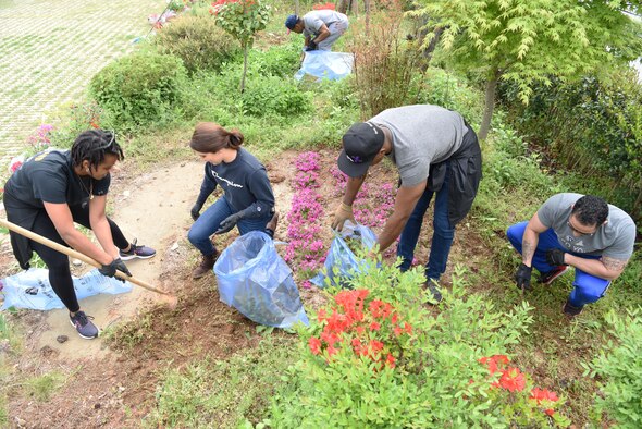 Airmen from various organizations in the 8th Fighter Wing clean a flowerbed outside a women’s shelter in Gunsan city April 30, 2019. Over thirty Airmen from the 8th Fighter Wing volunteered their time to help give back to the local community. (U.S. Air Force photo by Staff Sgt. Joshua Edwards)