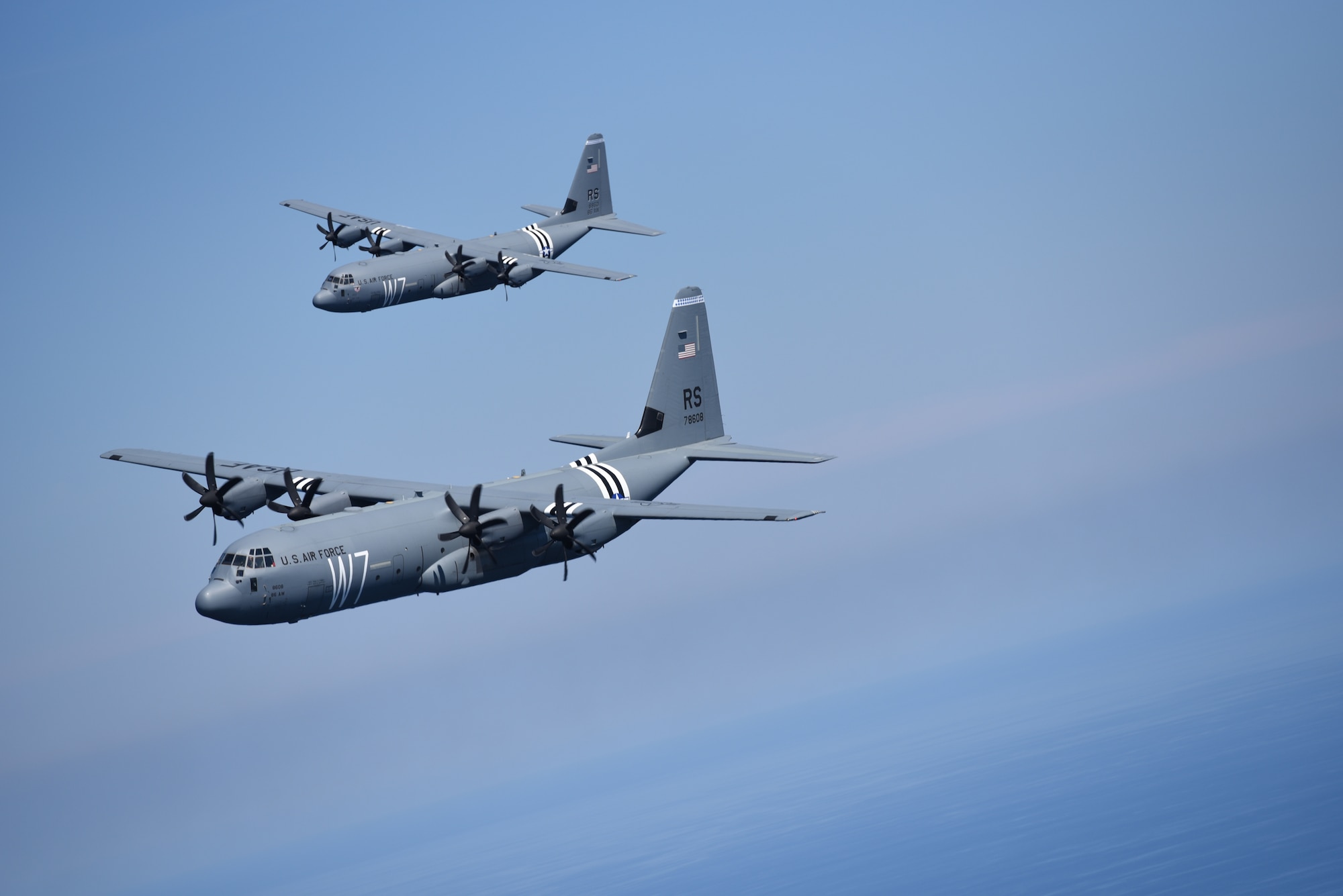 Two U.S. Air Force C-130J Super Hercules fly above the Aegean Sea during exercise Stolen Cerberus VI, May 9, 2019, off the coast of Greece. Stolen Cerberus is an annual bilateral training event with the Hellenic air force designed to enhance interoperability and airlift capabilities through realistic joint air operations training, including aeromedical evacuation operations and airlift and airdrop capabilities.