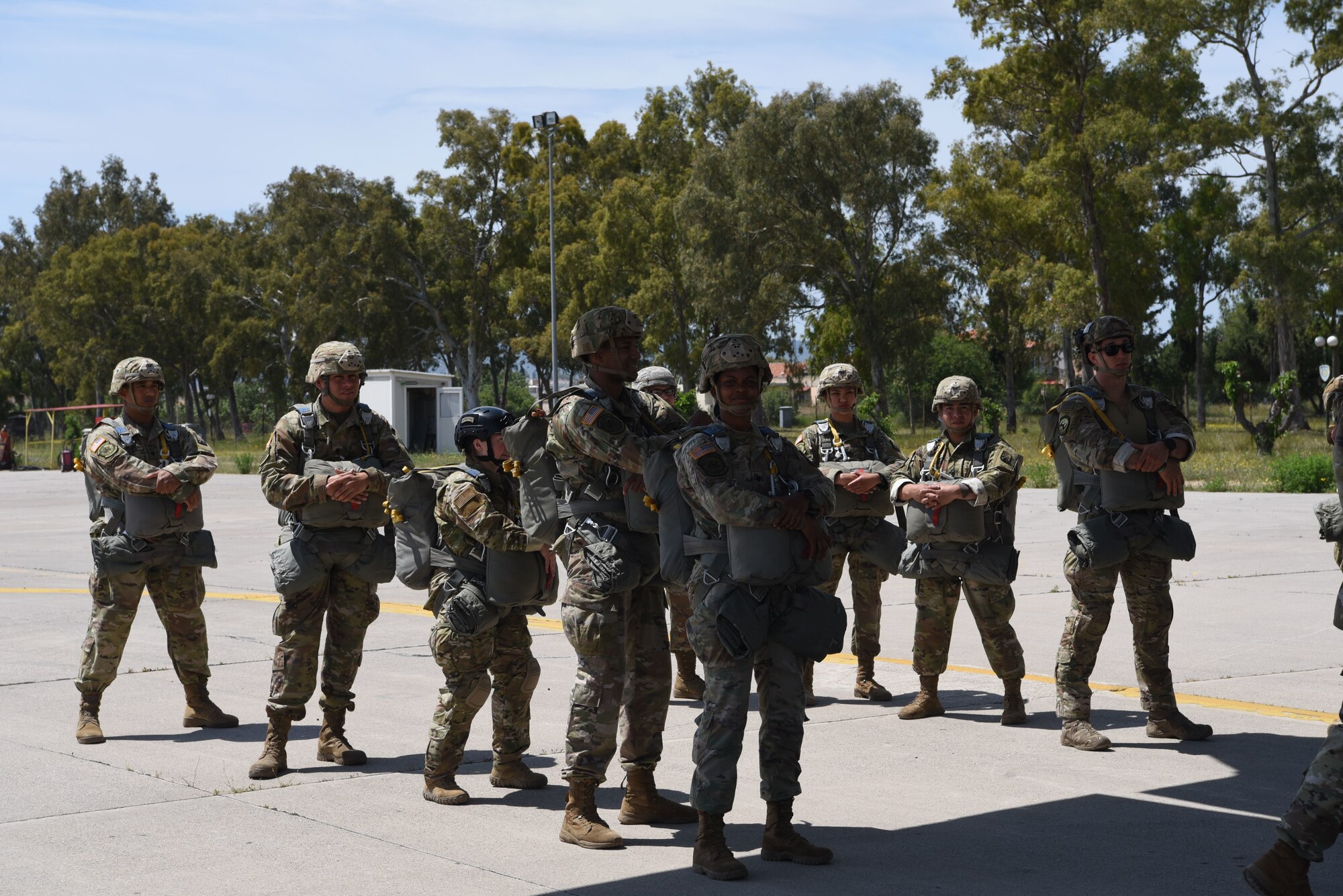 U.S. Army soldiers from the 5th Quartermaster Theater Aerial Delivery Company, 21st Theatre Sustainment Command and the 435th Air Ground Operations Wing, Ramstein Air Base, Germany, prepare to board a U.S. Air Force C-130J Super Hercules during exercise Stolen Cerberus VI, May 10, 2019, on Elefsis Air Base, Greece. Stolen Cerberus is an annual bilateral training event with the Hellenic air force designed to enhance interoperability and airlift capabilities through realistic joint air operations training, including aeromedical evacuation operations and airlift and airdrop capabilities.