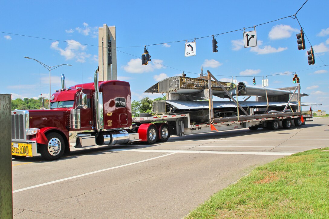 A truck carrying the wings of a C-130 Hercules arrives at the University of Dayton Research Institute headquarters May 15. Once all of the parts have arrived, and are reassembled, experts from UDRI will perform research in collaboration with  the Air Force Life Cycle Management Center’s Product Support Engineering Division and the AFLCMC C-130 Program Office