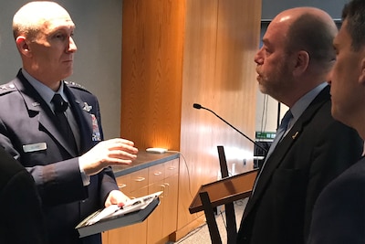 Air Force Lt. Gen. David W. Allvin speaks to reporters following a presentation on global integration at the Air Force Association’s Mitchell Forum in Arlington, Va., May 15, 2019. Allvin is the Joint Staff’s director of strategy, plans and policy.