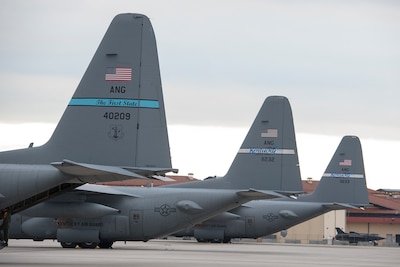 A C-130H Hercules aircraft, operated by the 142nd Airlift Squadron, 166th Airlift Wing, Delaware Air National Guard New Castle Air Guard Station, Delaware, sits on the flight line at Aviano Air Base, Italy, May 9, 2019, in preparation for Exercise Immediate Response 2019. The 166th AW is one of three Air Force C-130 units participating in the exercise, which is designed to rain airborne forces and enhance interoperability among allied and partner nations in Europe.