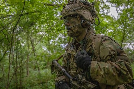 Army Sgt. 1st Class Cody Francis of 1st Squadron, 91st Cavalry Regiment, 173rd Airborne Brigade retrieves radio transmission during fire movement training at Cerklje ob Krki air base, Slovenia, May 14, 2019. Exercise Immediate Response is a multinational exercise co-led by Croatian armed forces, Slovenian armed forces, and U.S. Army Europe. The logistics-focused exercise is designed to test and improve the ability to move forces and equipment rapidly from one location to another. The exercise will improve readiness and interoperability among participating allied and partner nations, officials said.