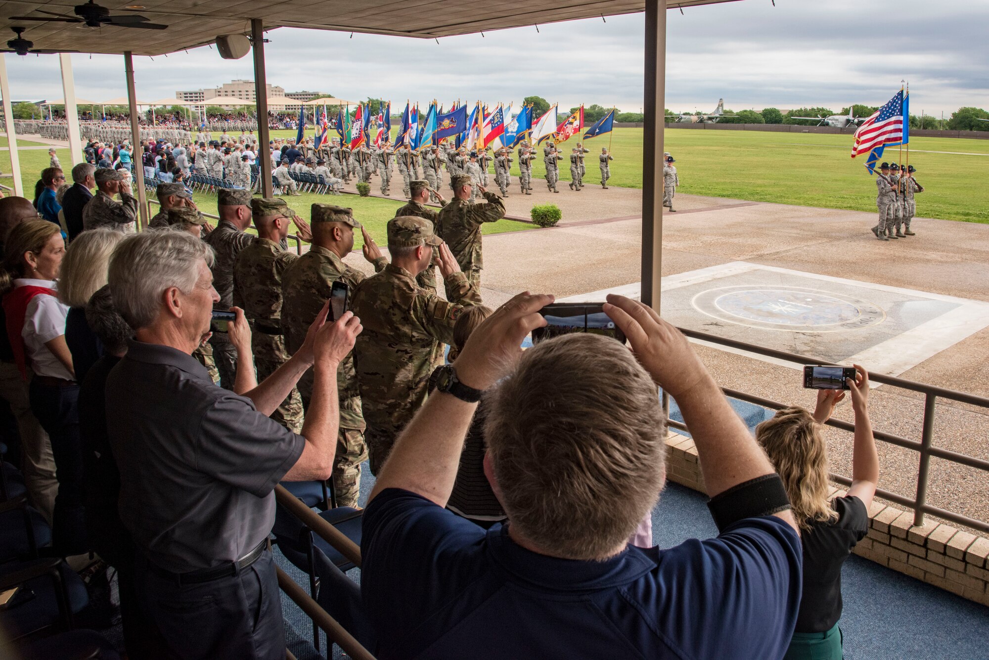 Air Mobility Command civic leaders observe the graduation ceremony of the United States Air Force's newest Airmen, Joint Base San Antonio-Lackland, Texas, May 2, 2019.  The civic leaders toured the 37th Training Wing, also known as the “Gateway Wing,” as guests of AMC Cmmander Gen. Maryanne Miller.