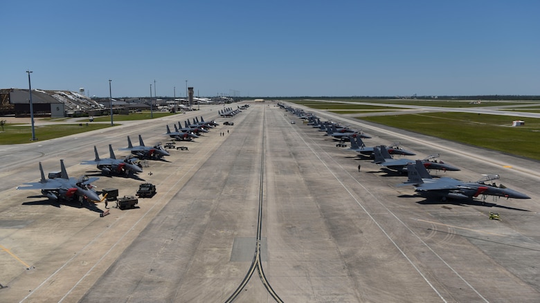 Aircraft assigned to the 494th Fighter Squadron, the 67th Fighter Squadron and the 94th Fighter Squadron, park on the flightline at Tyndall Air Force Base, Florida, May 15, 2019.