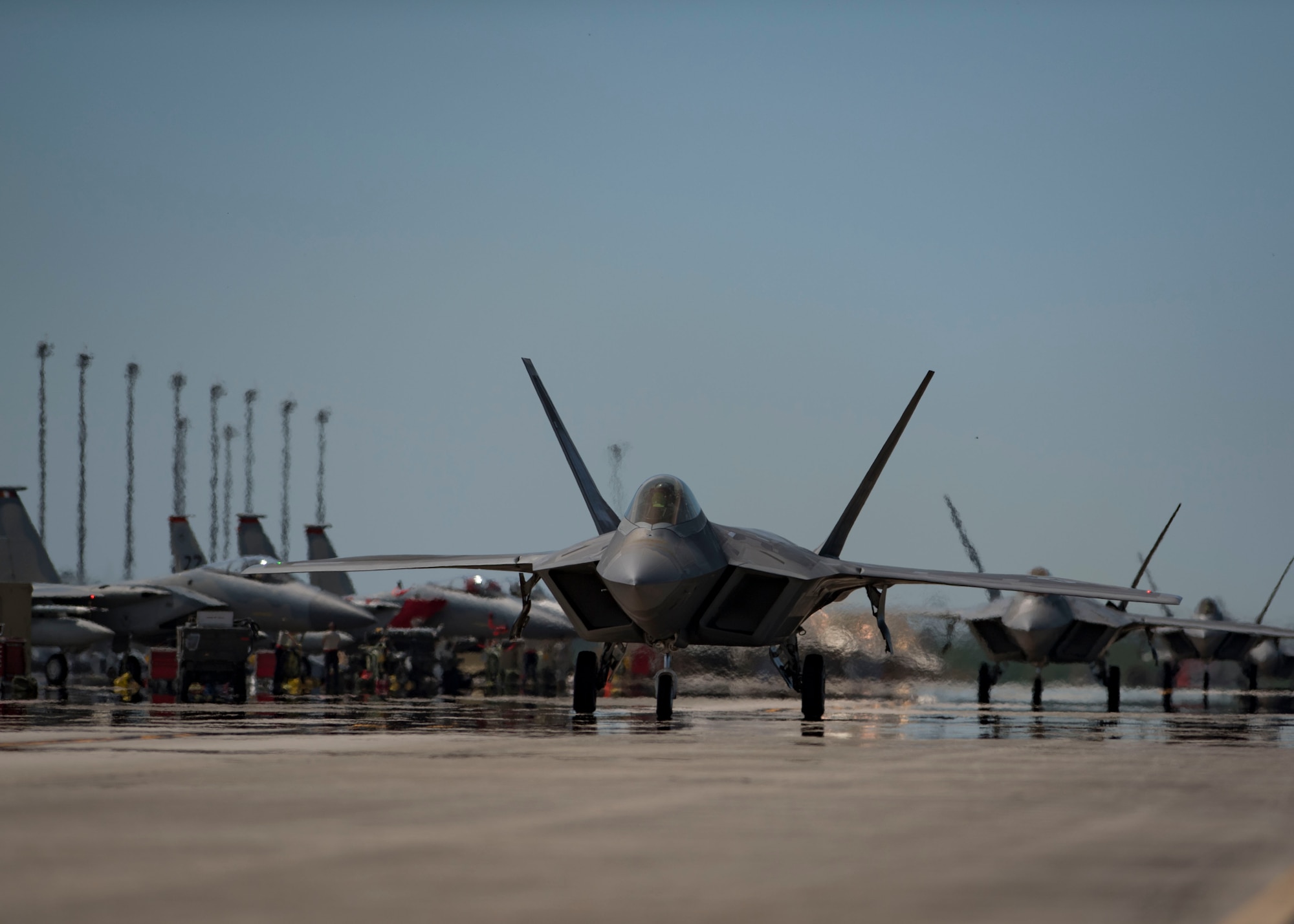 An F-22 Raptor taxis on the flightline during the Combat Archer 19-8 exercise at Tyndall Air Force Base, Florida, May 14, 2019.