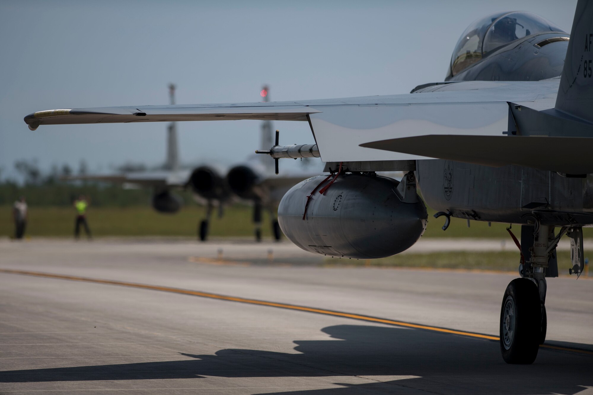 An F-15E Strike Eagle taxis the flightline during the Combat Archer 19-8 exercise at Tyndall Air Force Base, Florida, May 14, 2019.
