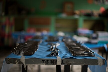 Dental instruments are prepared and setup before a Medical Readiness Training Exercise (MEDRETE), May 10, 2019, in El Paraiso, Honduras. Members of JTF-B partnered with the Honduran Military and Ministry of Health to provide health care services for more than 1,300 Honduran citizens; reaching a third of the citizens in the towns of Argelia, Santa Maria and Las Dificultades in the El Paraiso Department. The goal of the mission was to provide the medical staff training in their areas of expertise as well as strengthen partnerships with the Honduran allies. (U.S. Air Force photo by Staff Sgt. Eric Summers Jr.)