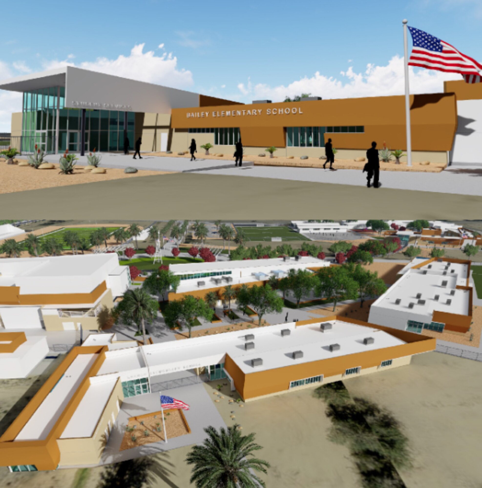 Artist renderings preview the proposed look for Branch and Bailey Elementary Schools on Edwards Air Force Base, Calif. The Muroc Joint Unified School District broke ground during a ceremony here, May 13. The project is set to be completed in around two years. (Photo composite courtesty of MJUSD)