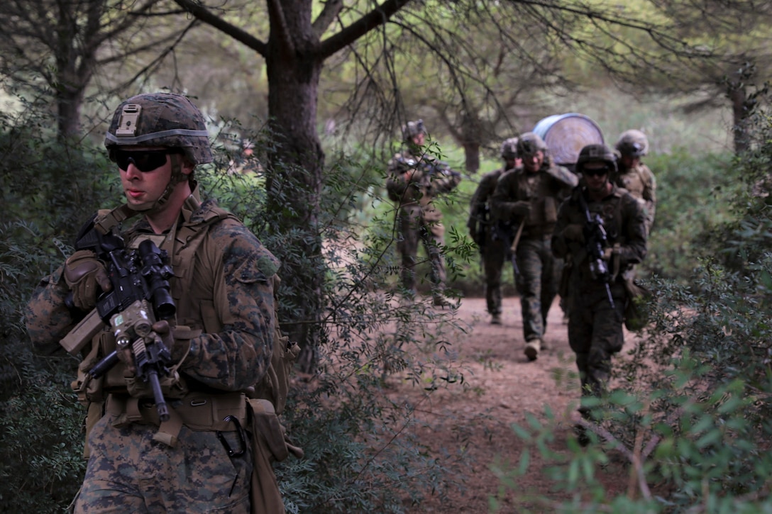 Marines carry weapons and debris while walking through brush.