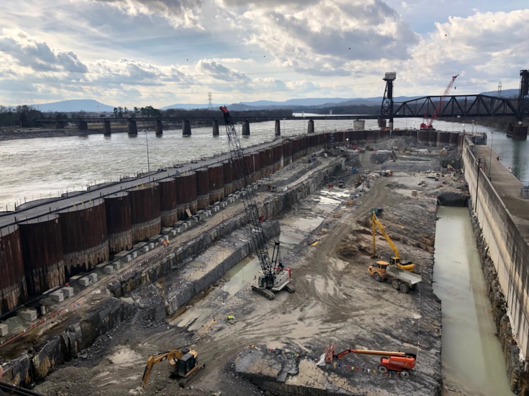 Crews prepare the rock foundation Jan. 8, 2019 for future concrete placement at the Chickamauga Lock Replacement Project on the Tennessee River in Chattanooga, Tenn. (USACE photo by Capt. William Keenan)
